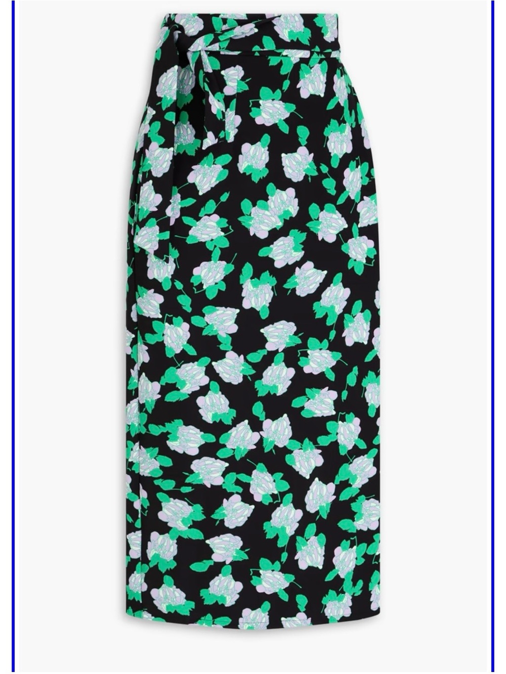 Diane Von Furstenberg Black Floral Midi Skirt with Green & White Blooms